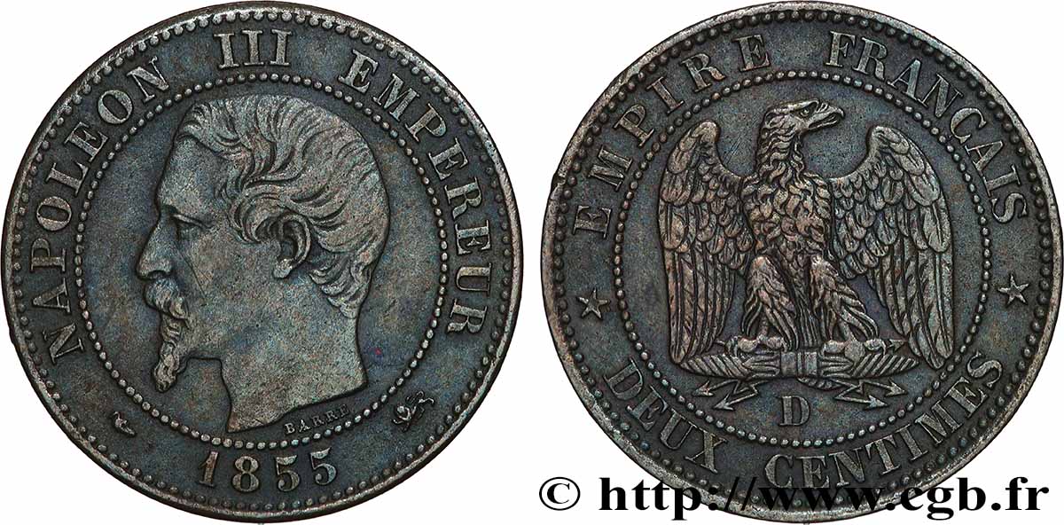 Deux centimes Napoléon III, tête nue, différent Levrette, Grand D et Grand Lyon 1855 Lyon F.107/25 TTB 