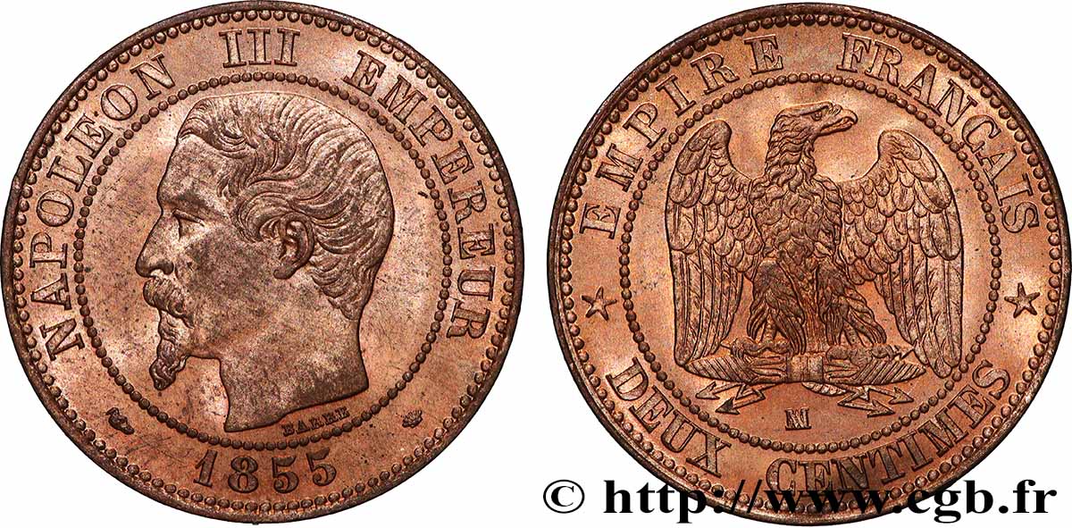 Deux centimes Napoléon III, tête nue 1855 Marseille F.107/35 SPL64 