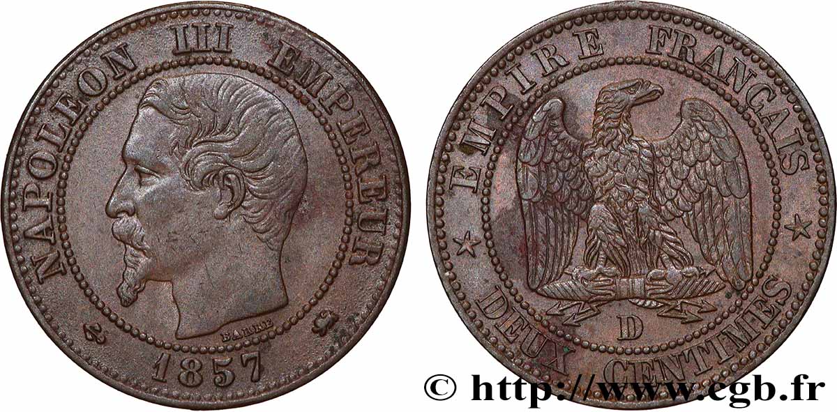 Deux centimes Napoléon III, tête nue 1857 Lyon F.107/47 TTB+ 