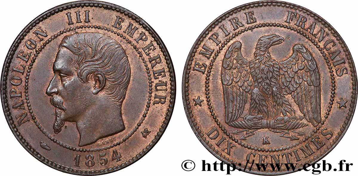 Dix centimes Napoléon III, tête nue 1854 Bordeaux F.133/16 SUP60 