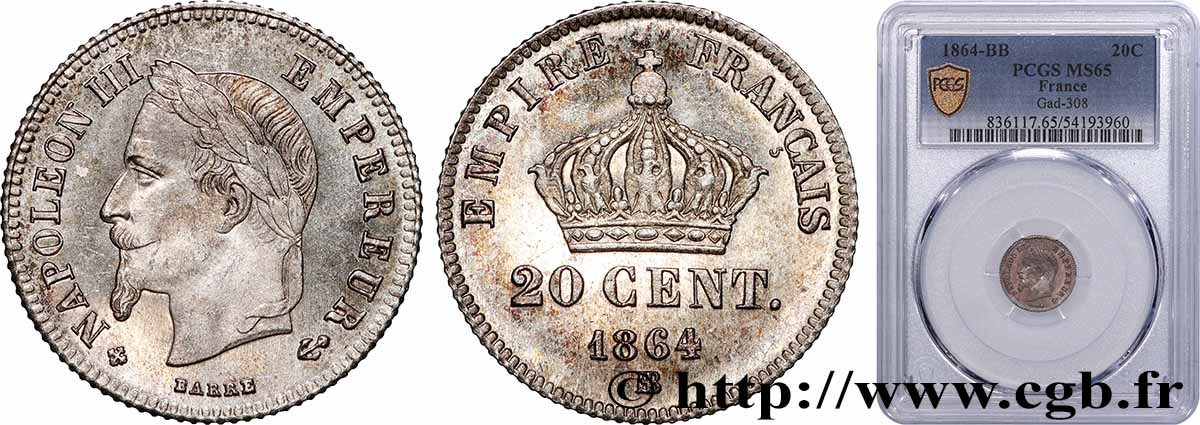 20 centimes Napoléon III, tête laurée, petit module 1864 Strasbourg F.149/2 MS65 PCGS