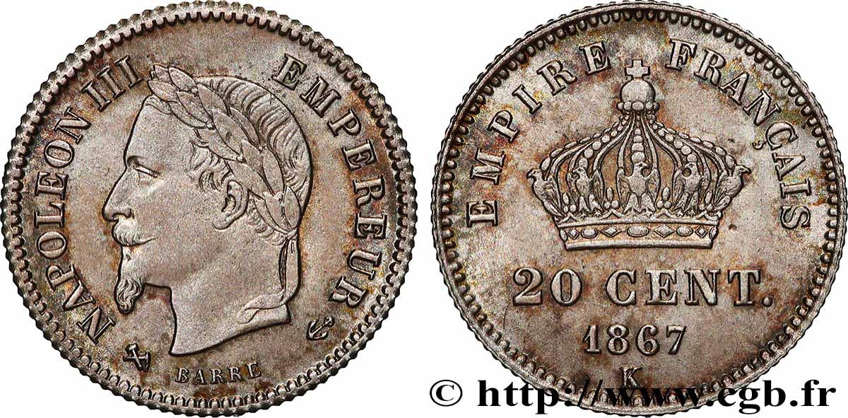 20 centimes Napoléon III, tête laurée, grand module 1867 Bordeaux F.150/3 SUP 