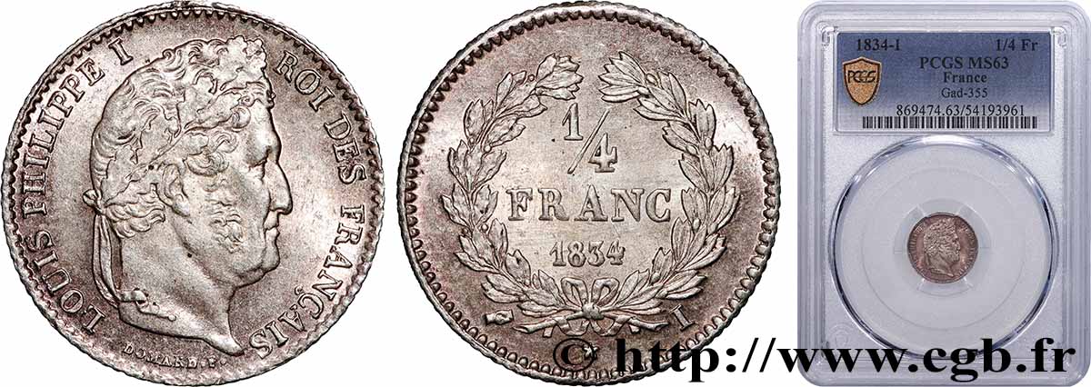 1/4 franc Louis-Philippe 1834 Limoges F.166/42 MS63 PCGS