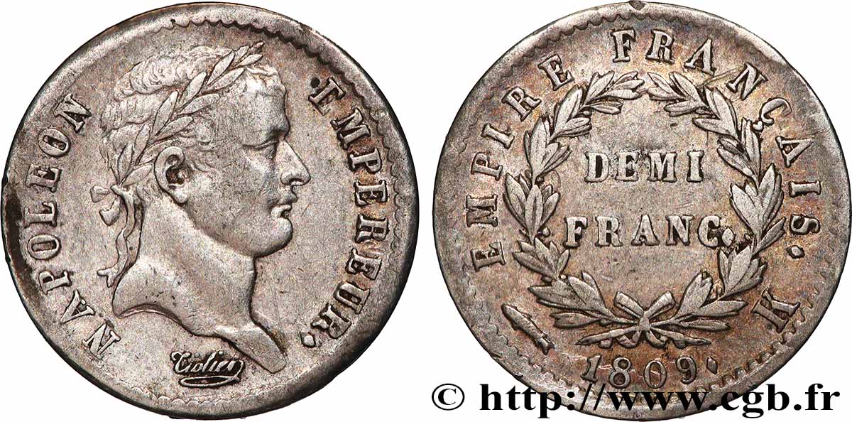 Demi-franc Napoléon Ier tête laurée, Empire français 1809 Bordeaux F.178/4 TTB 