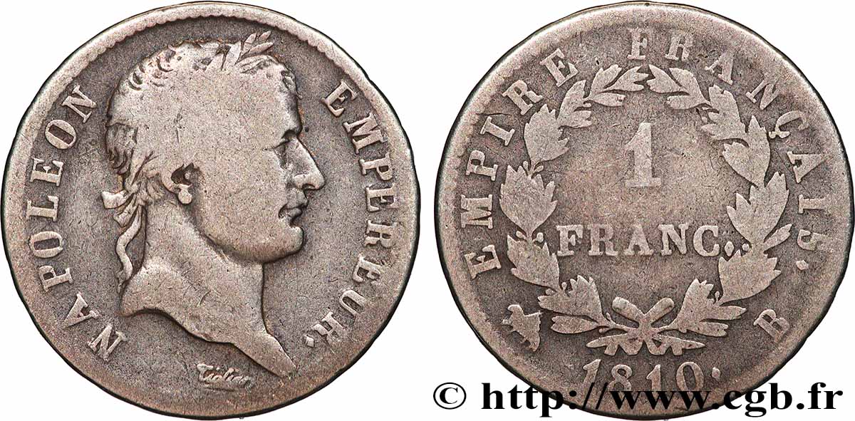 1 franc Napoléon Ier tête laurée, Empire français 1810 Rouen F.205/14 TB 