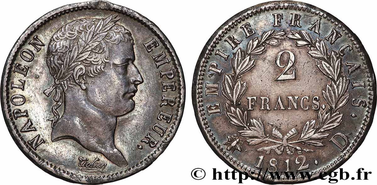 2 francs Napoléon Ier tête laurée, Empire français 1812 Lyon F.255/41 AU 
