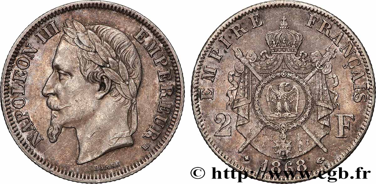 2 francs Napoléon III, tête laurée  1868 Strasbourg F.263/9 SUP58 