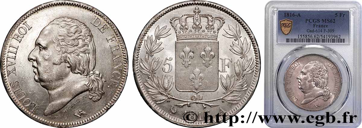 5 francs Louis XVIII, tête nue 1816  Paris F.309/1 MS62 PCGS