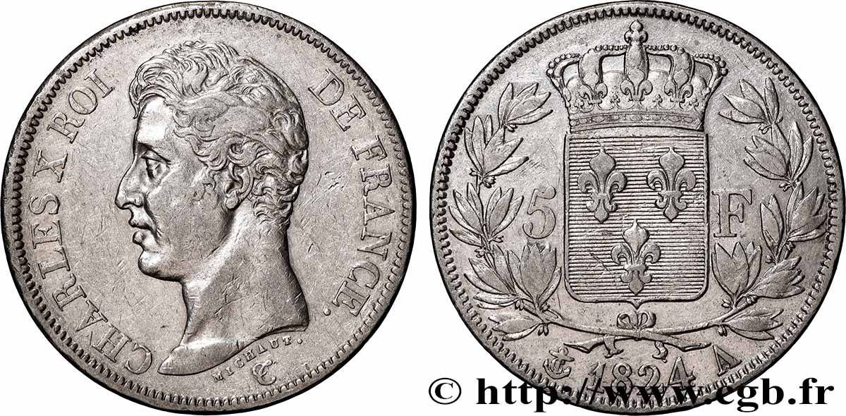 5 francs Charles X, 1er type 1824 Paris F.310/1 TB+ 