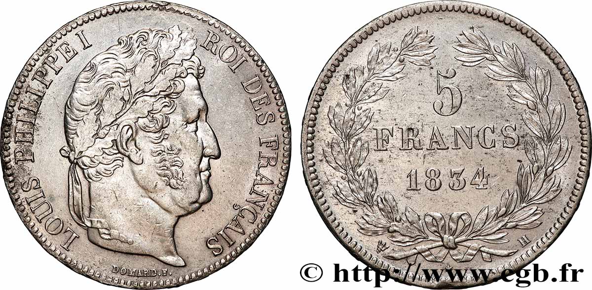 5 francs IIe type Domard 1834 La Rochelle F.324/33 TTB+ 