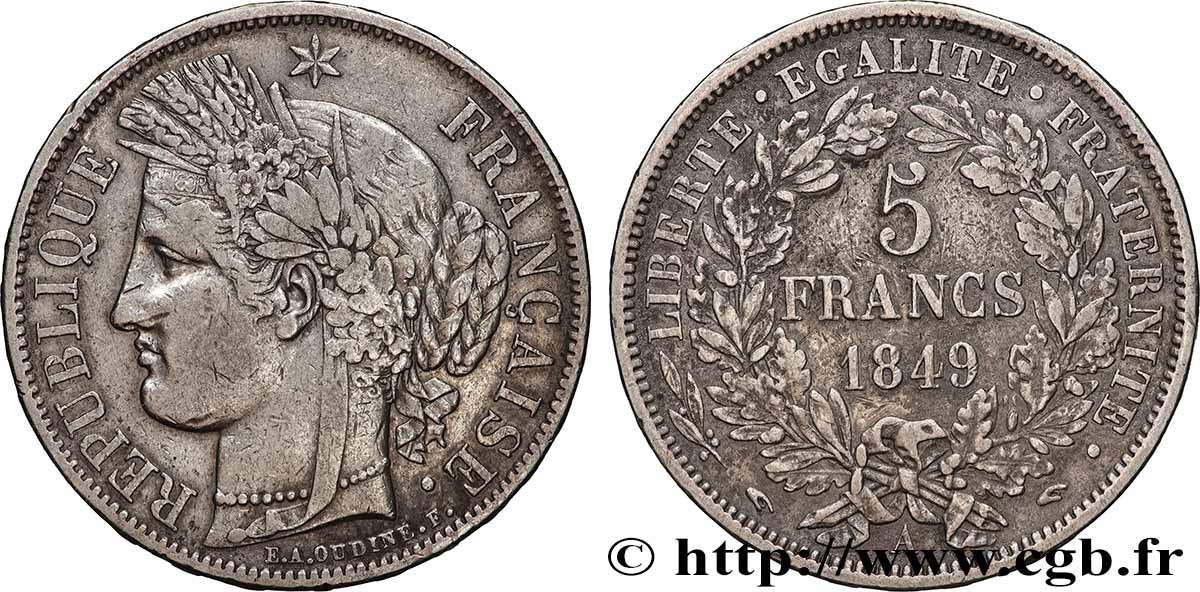 5 francs Cérès, IIe République, Main/Main 1849 Paris F.327/2 TB+ 