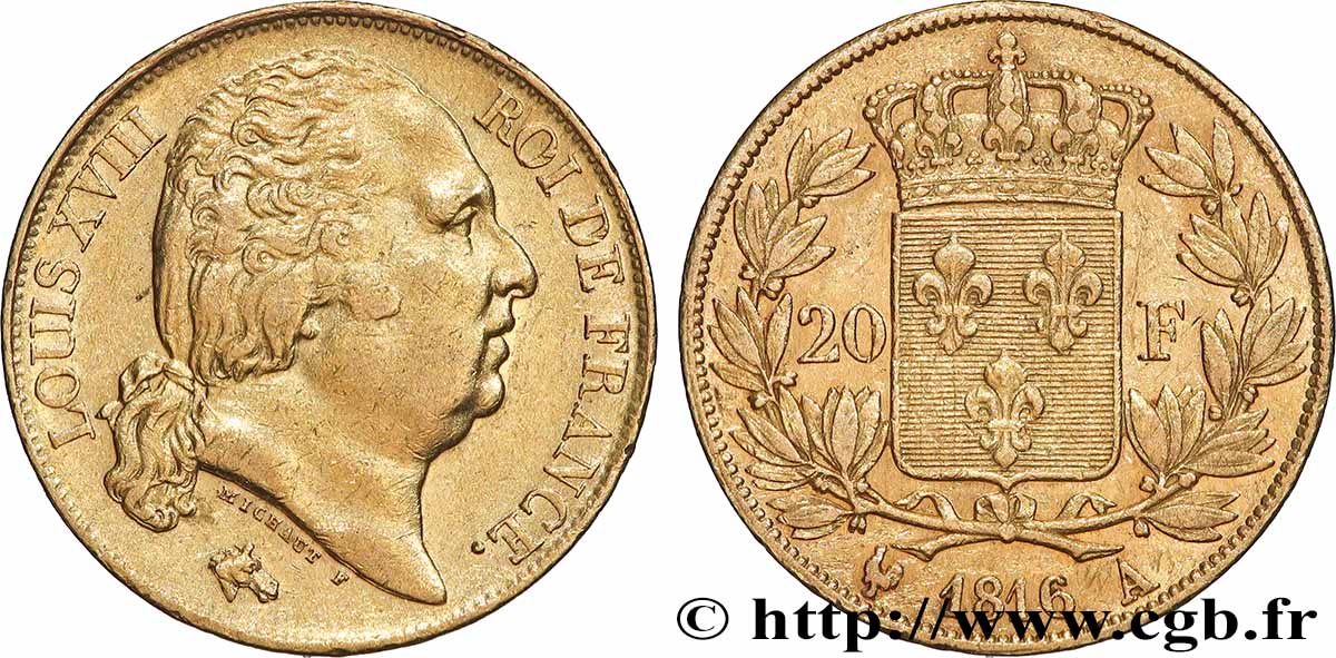 20 francs or Louis XVIII, tête nue 1816 Paris F.519/1 TTB+ 