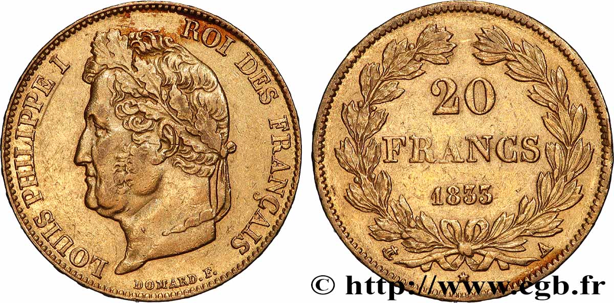 20 francs or Louis-Philippe, Domard 1833 Paris F.527/4 XF 