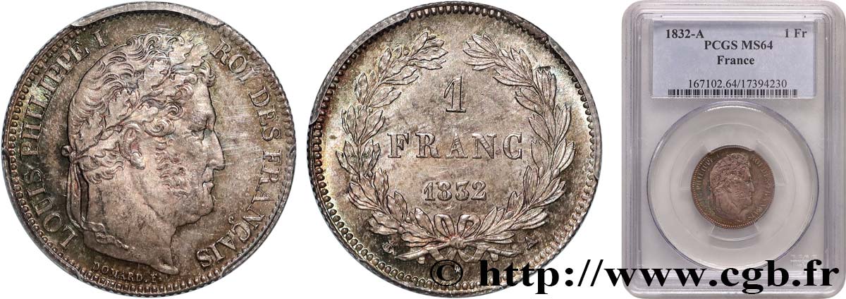 1 franc Louis-Philippe, couronne de chêne 1832 Paris F.210/1 SPL64 PCGS