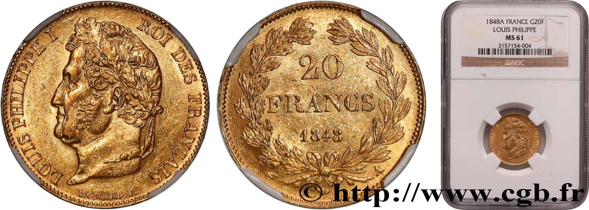 20 francs or Louis-Philippe, Domard 1848 Paris F.527/38 SUP61 PCGS
