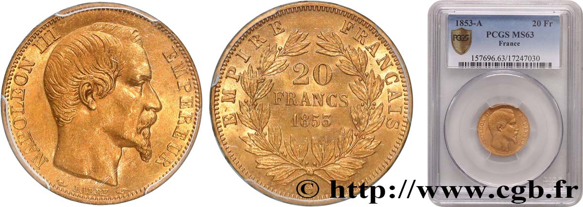 20 francs or Napoléon III, tête nue 1853 Paris F.531/1 SPL63 PCGS