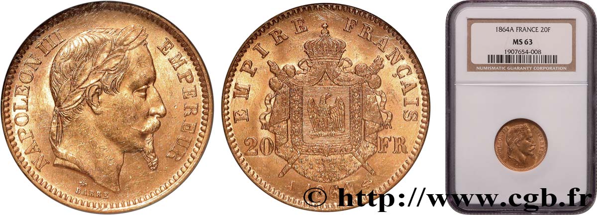 20 francs or Napoléon III, tête laurée 1864 Paris F.532/8 SPL63 NGC