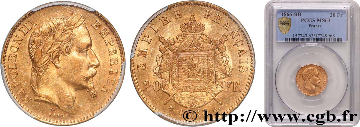 20 francs or Napoléon III, tête laurée 1866 Strasbourg F.532/14 SPL63 PCGS