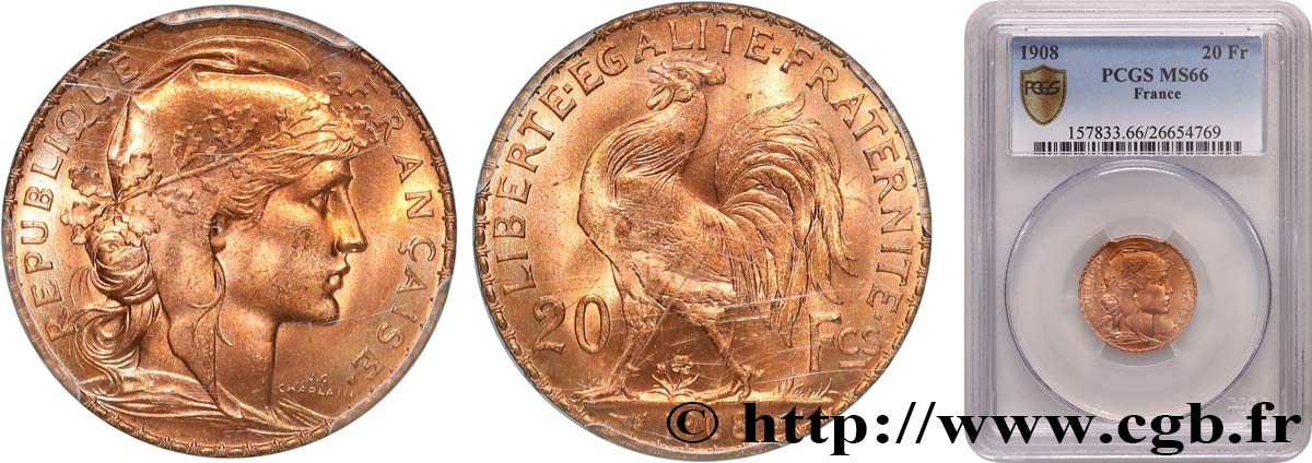 20 francs or Coq, Liberté Égalité Fraternité 1908 Paris F.535/2 FDC66 PCGS
