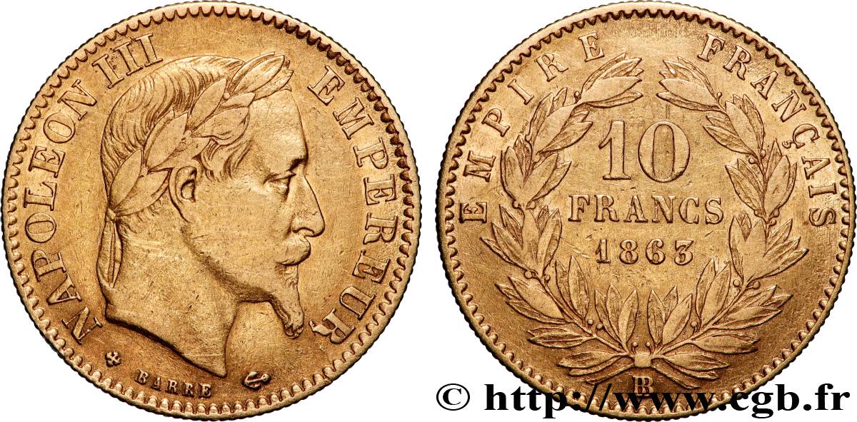 10 francs or Napoléon III, tête laurée 1863 Strasbourg F.507A/5 VF 