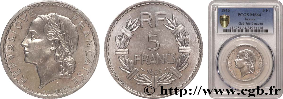 5 francs Lavrillier, aluminium, 9 ouvert 1945  F.339/3 SPL64 PCGS