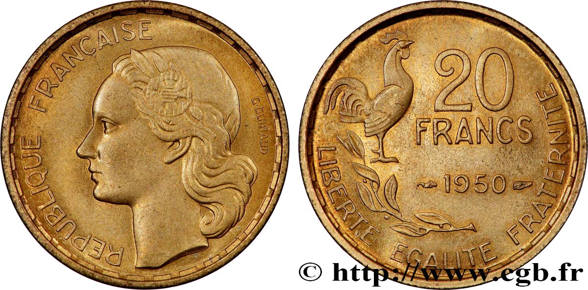 20 francs G. Guiraud, 4 faucilles 1950  F.402/3 SPL64 