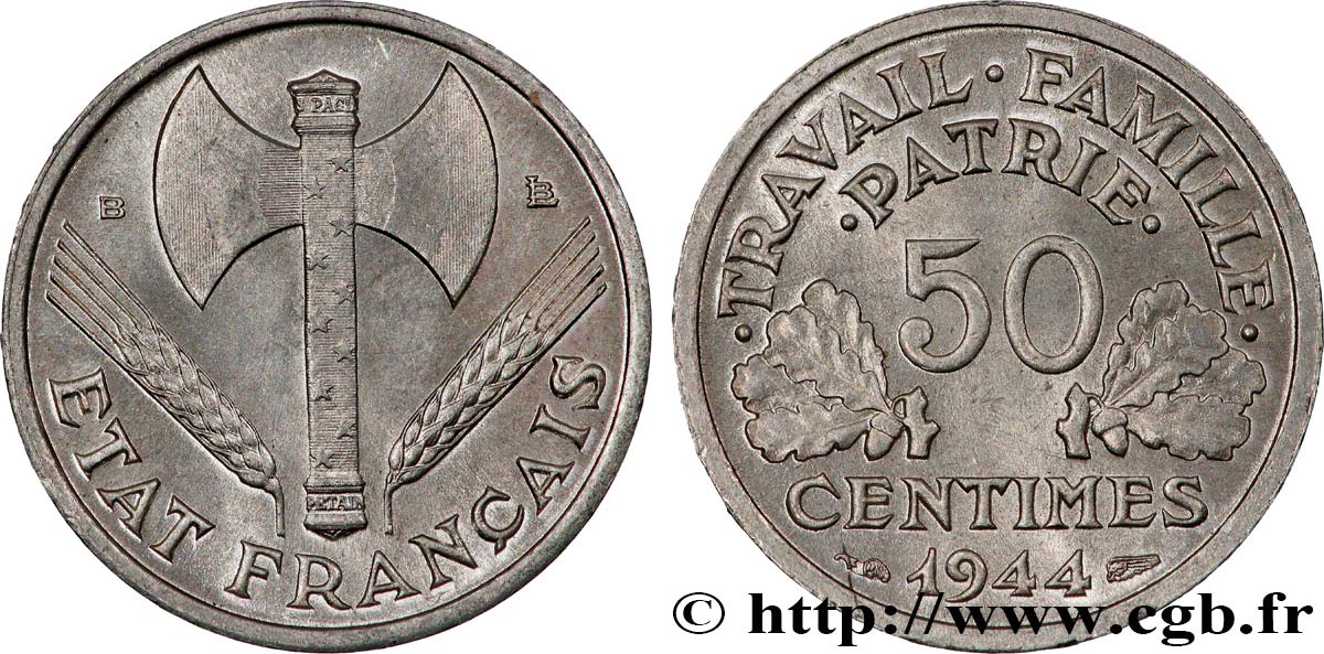 50 centimes Francisque, légère 1944 Beaumont-Le-Roger F.196/5 SPL63 
