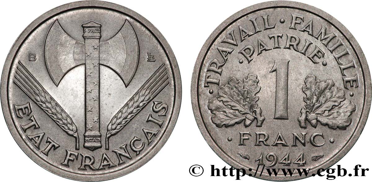 1 franc Francisque, légère 1944 Beaumont-Le-Roger F.223/6 SUP61 