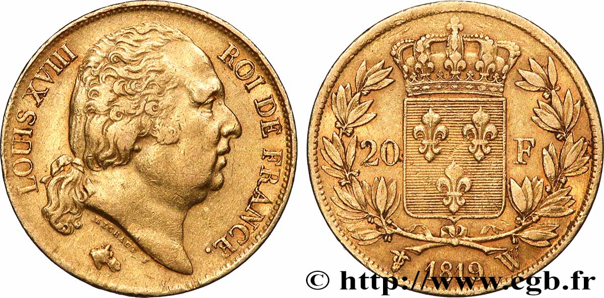 20 francs or Louis XVIII, tête nue 1819 Lille F.519/18 TTB 