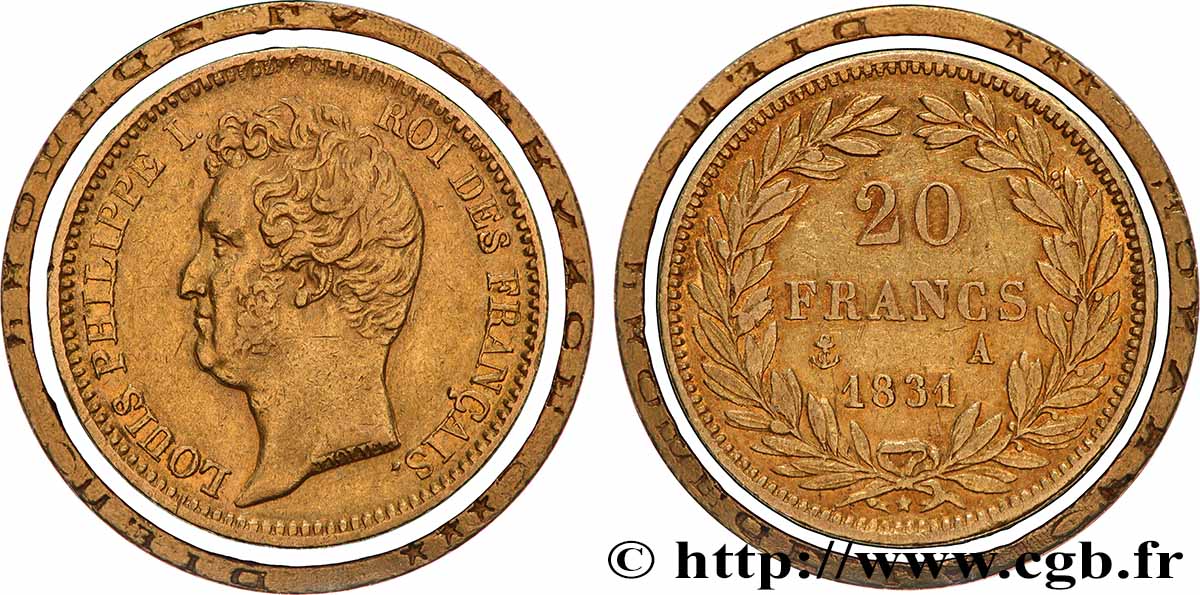 20 francs or Louis-Philippe, Tiolier, tranche inscrite en creux 1831 Paris F.524/2 TTB 