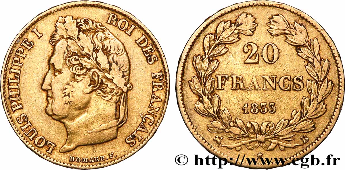 20 francs Louis-Philippe, Domard 1833 Rouen F.527/5 TB+ 