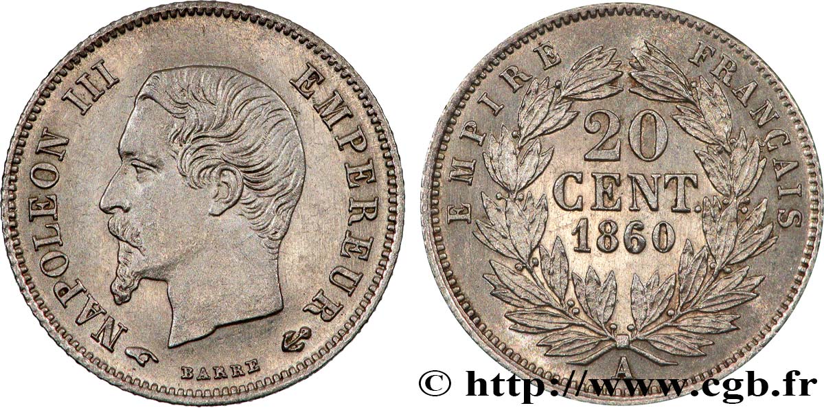 20 centimes Napoléon III, tête nue 1860 Paris F.148/13 SUP+ 