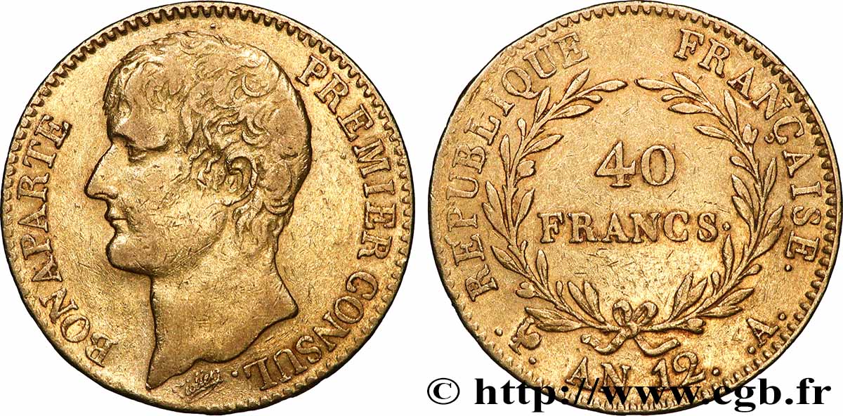 40 francs or Bonaparte Premier Consul 1804 Paris F.536/6 q.BB 
