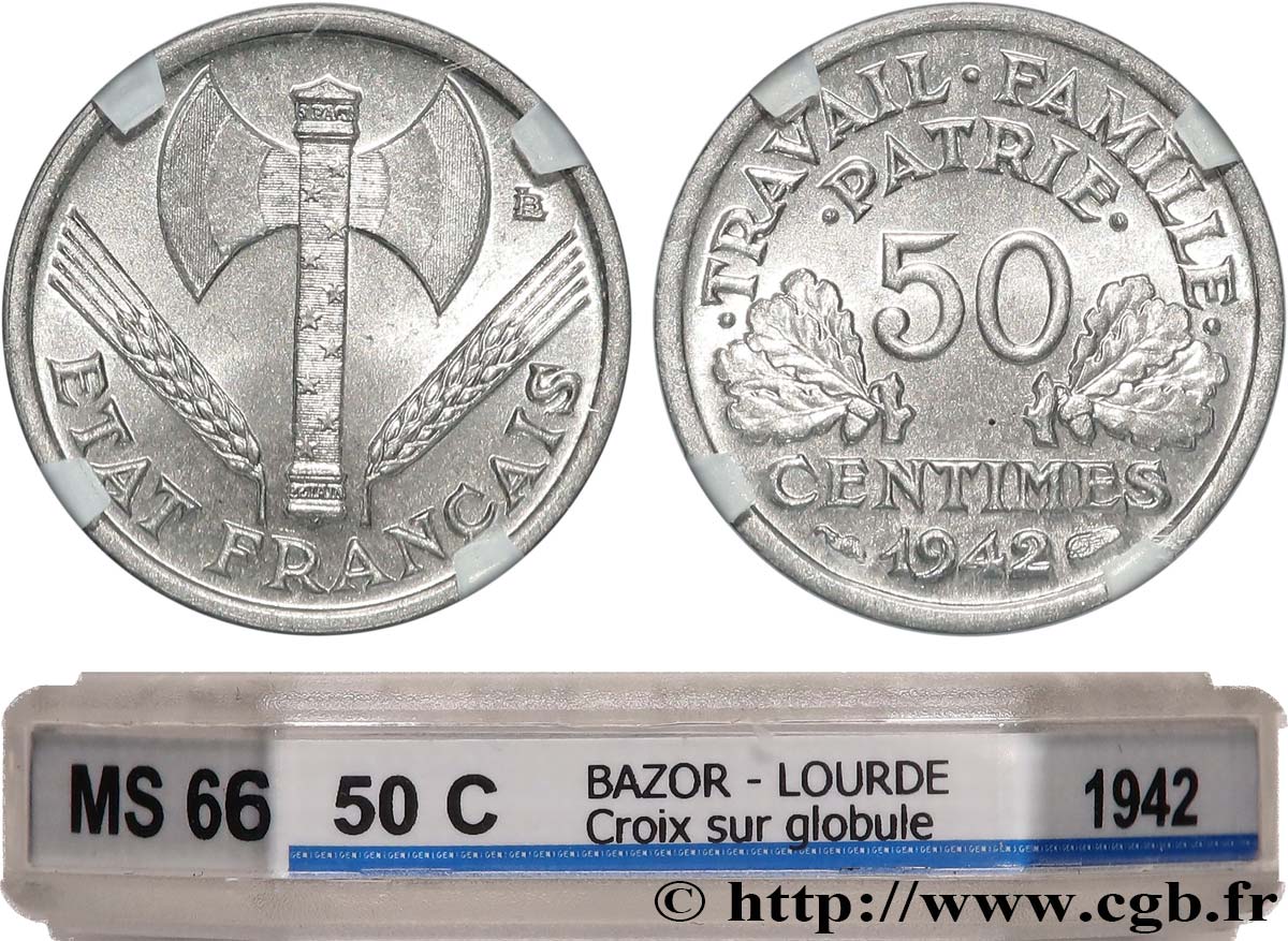 50 centimes Francisque, lourde, premiers exemplaires avec les CROIX 1942 Paris F.195/2 FDC66 GENI