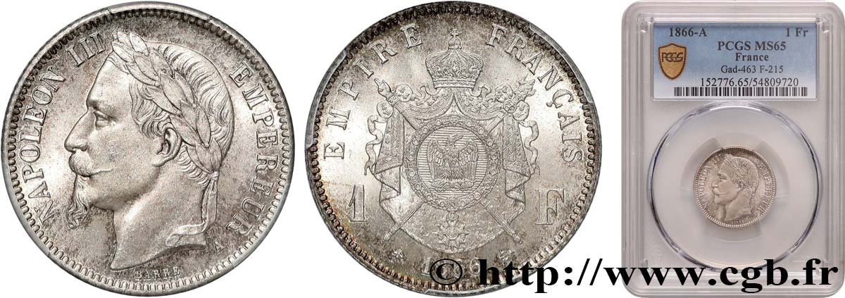 1 franc Napoléon III, tête laurée 1866 Paris F.215/3 FDC65 PCGS
