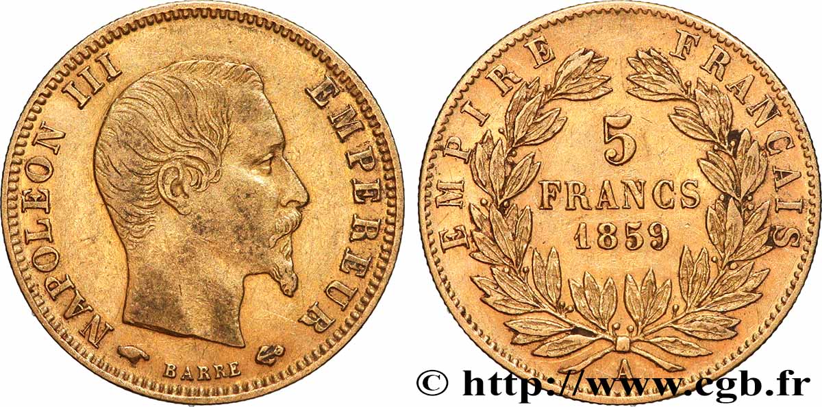 5 francs or Napoléon III, tête nue, grand module 1859 Paris F.501/7 TTB 