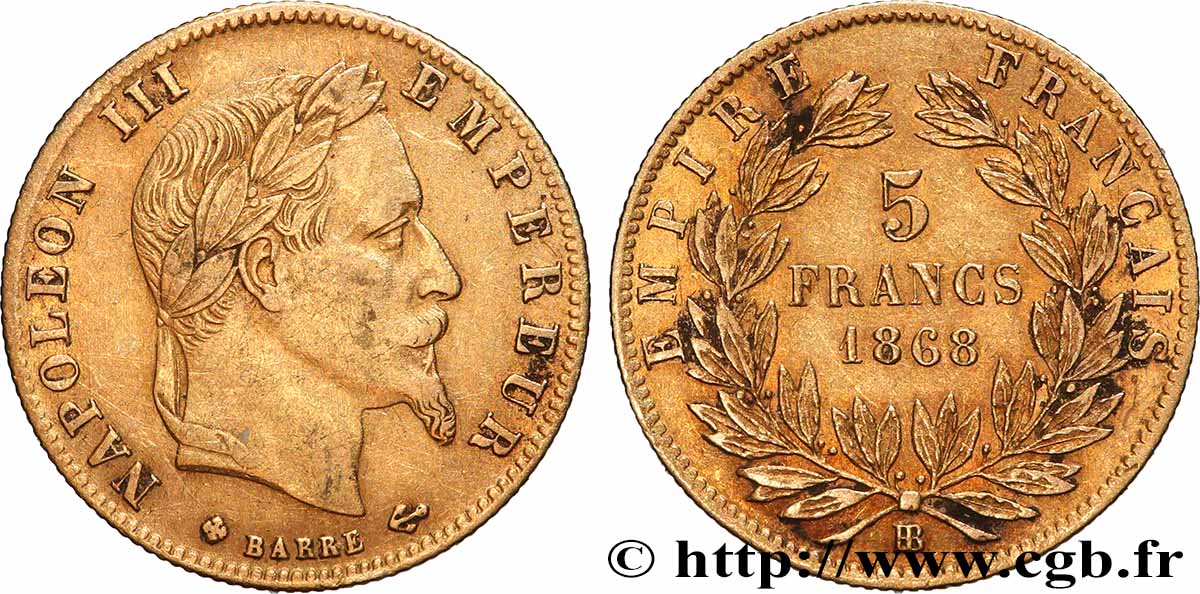 5 francs or Napoléon III, tête laurée 1868 Strasbourg F.502/14 TTB 