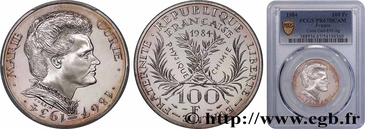 Belle Épreuve 100 francs Marie Curie 1984 Paris F5.1600 2 FDC67 PCGS