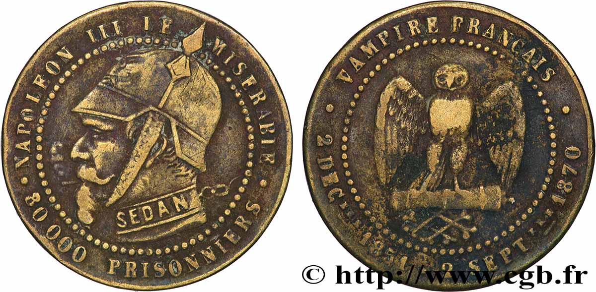 Médaille satirique Lt 25, module de Cinq centimes, type B “Os et Cigarette” 1870 s.l. Schw.B1a  VF 