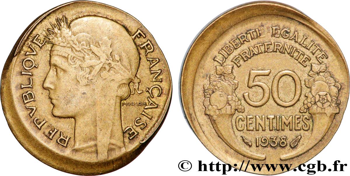 50 centimes Morlon, Fauté Hors Virole en Casquette 1938  F.192/14 var. q.SPL 