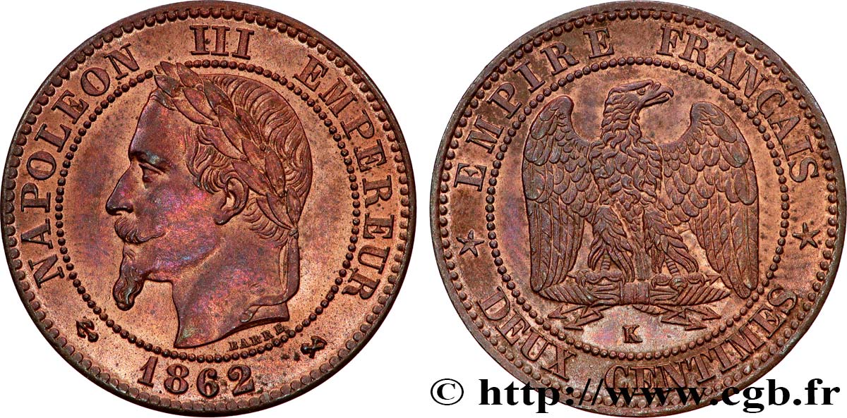 Deux centimes Napoléon III, tête laurée, buste définitif 1862 Bordeaux F.108A/7 VZ62 