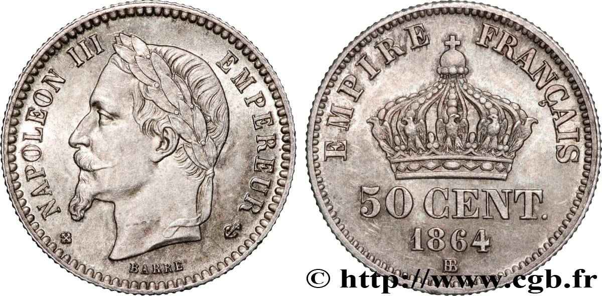 50 centimes Napoléon III, tête laurée 1864 Strasbourg F.188/3 SUP+ 