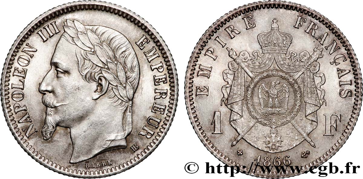 1 franc Napoléon III, tête laurée 1866 Strasbourg F.215/4 SPL63 
