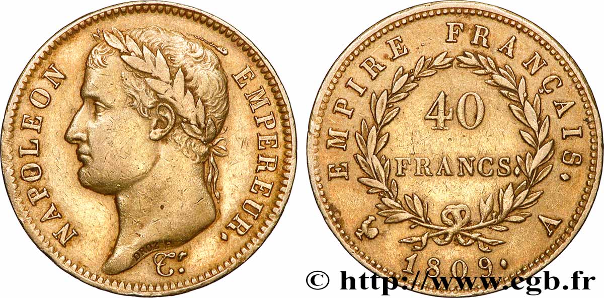 40 francs or Napoléon tête laurée, Empire français 1809 Paris F.541/1 TTB 