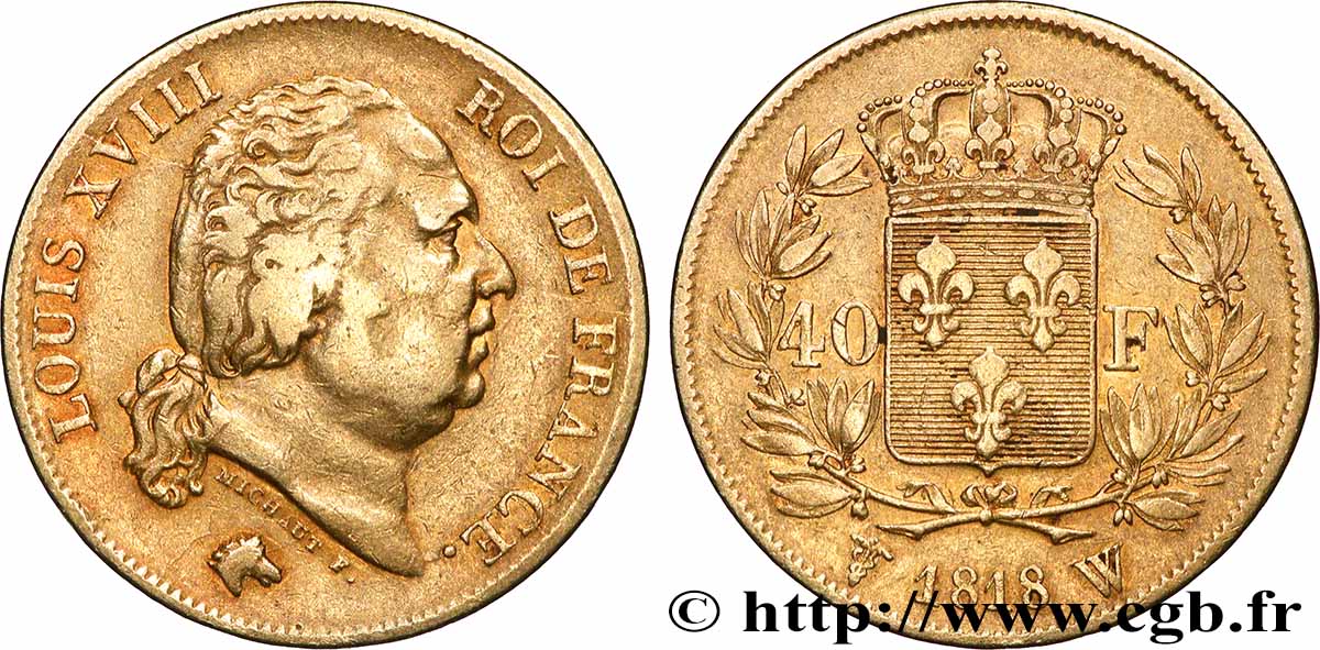 40 francs or Louis XVIII 1818 Lille F.542/8 TB+ 