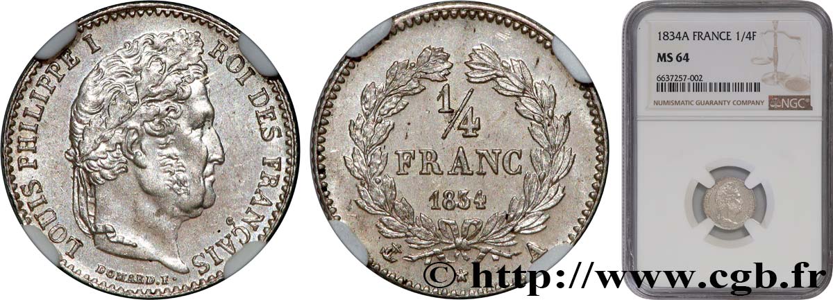 1/4 franc Louis-Philippe 1834 Paris F.166/37 SPL64 NGC
