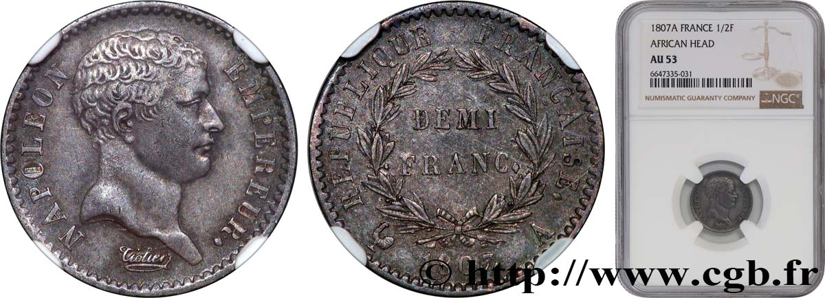 Demi-franc Napoléon Empereur, tête de nègre 1807 Paris F.176/1 TTB53 NGC