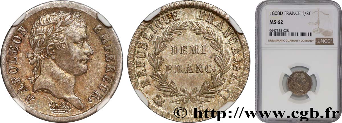 Demi-franc Napoléon Ier tête laurée, République française 1808 Lyon F.177/5 MS62 NGC
