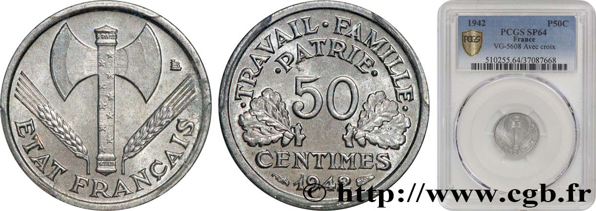 50 centimes Francisque, lourde, premiers exemplaires avec les CROIX 1942 Paris F.195/2 SPL64 PCGS