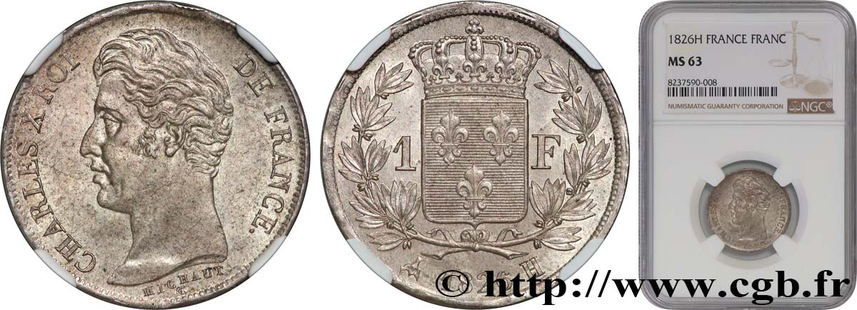 1 franc Charles X, matrice du revers à cinq feuilles 1826 La Rochelle F.207/17 MS63 NGC